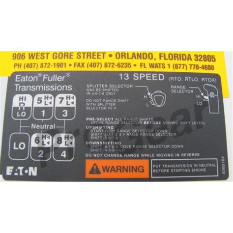 Eaton Fuller 13 Speed Shift Pattern - 4300764