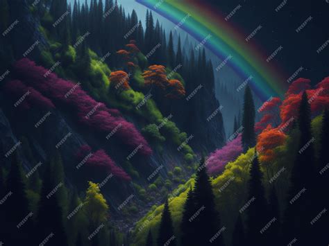 Premium AI Image | A rainbow over a forest with a rainbow in the background