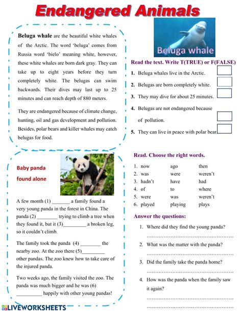 Endangered animals online worksheet for grade 3. You can do the exercises online or downl ...