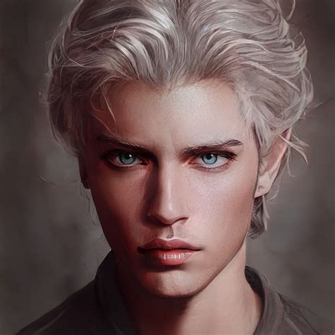 a digital painting of a man with white hair and blue eyes, wearing a gray shirt