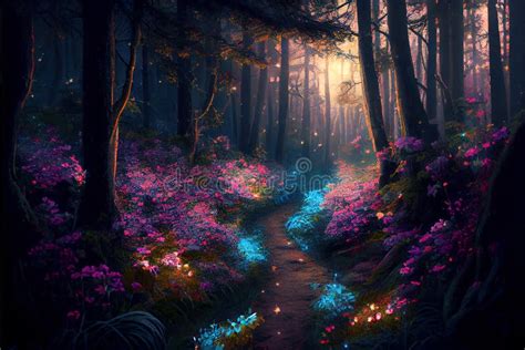 Fantasy Forest at Night, Glowing Flowers and Lights, Generative AI ...