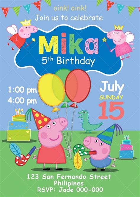 Peppa Pig Birthday Party Invitation Printable 5 x 7 or 4 x 6 - Jamakodesigns | Peppa pig ...