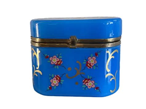 VINTAGE FRENCH BLUE Opaline Glass Jewelry Box w Hand Painted Floral ...