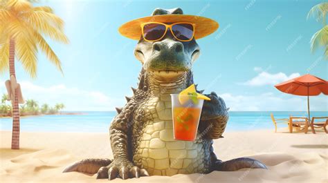 Premium AI Image | An alligator wearing sunglasses sitting on a beach holding a glass of orange ...