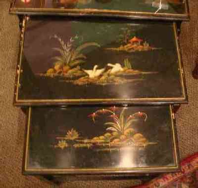 Set of 3 Oriental Hand Painted Antique Nesting Tables. Black lacquer with gold trim. Glass Top ...