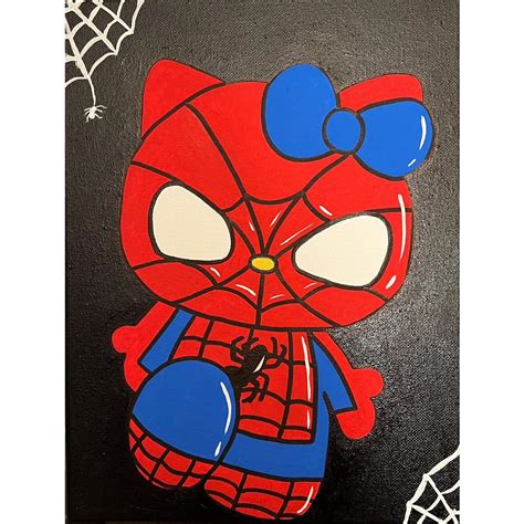 Hello kitty spider man 9x12in Canvas on acrylic... - Depop