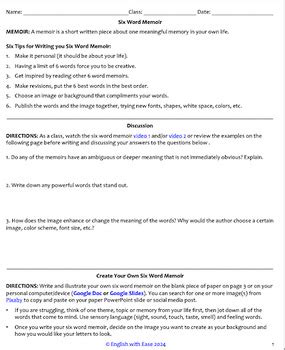 Six Word Memoir Project by Common Core English With Ease | TpT