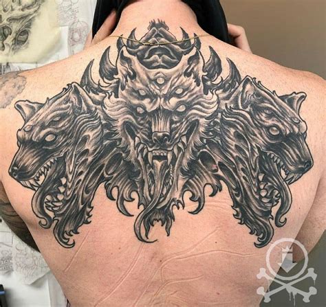 Healed black and grey Cerberus tattoo by Chris Curtis. #12ozstudios # ...