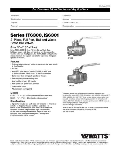 Series IT6300, IS6301 Specification Sheet | PDF | Valve | Solder