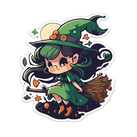 Sticker Of A Girl Witch Brooming Her Broom Clipart Vector, Green Witch, Green Witch Clipart ...