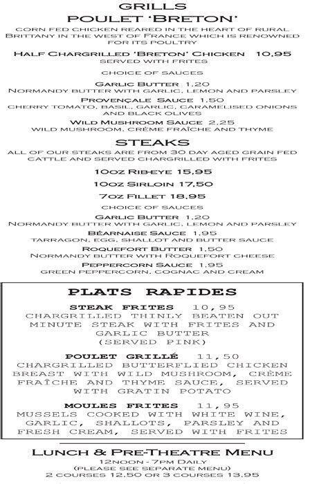 Menu at Côte Brasserie restaurant, London, PORTLAND-HOUSE