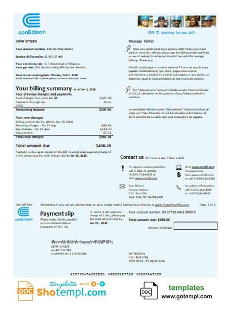 USA Con Edison electricity utility bill template in Word and PDF format