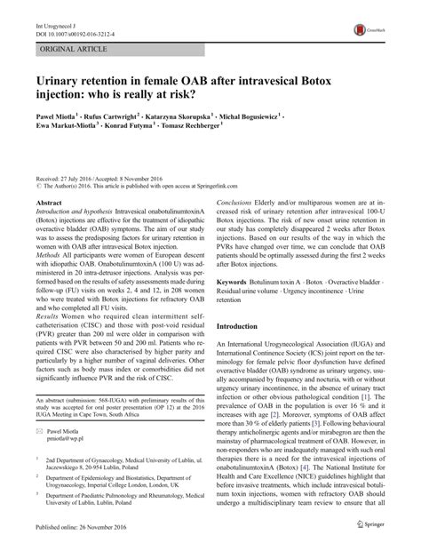 (PDF) Urinary retention in female OAB after intravesical Botox injection: who is really at risk?