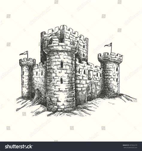 Vector illustration - hand drawn engraved medieval castle, isolated on white background. Unique ...