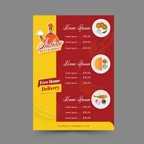 Indian Restaurant Menu Card Template With Free Home Delivery In Yellow And Red Color. 23295083 ...