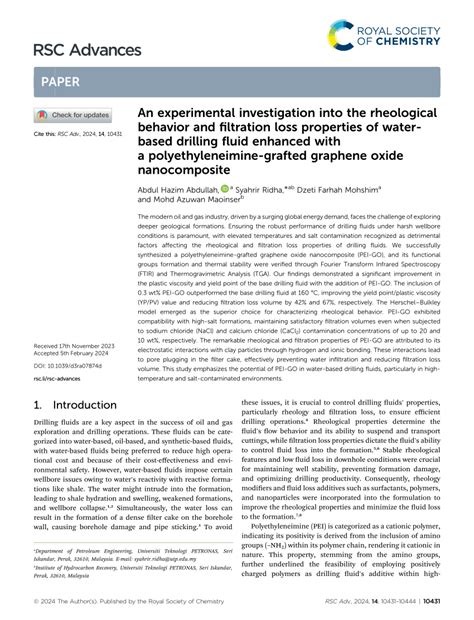 (PDF) An experimental investigation into the rheological behavior and filtration loss properties ...