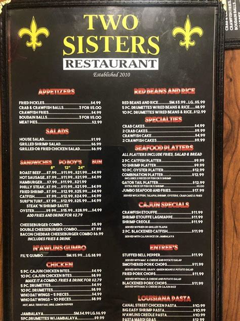 Menu at Two Sisters Restaurant, Hurst