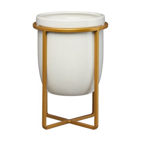 White Ceramic Planter with Golden Metallic Stand