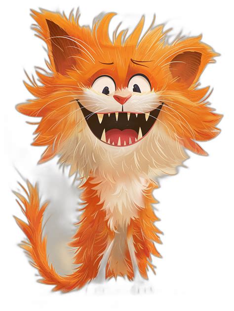 smiling fluffy orange cat with sharp teeth, in the style of Pixar ...