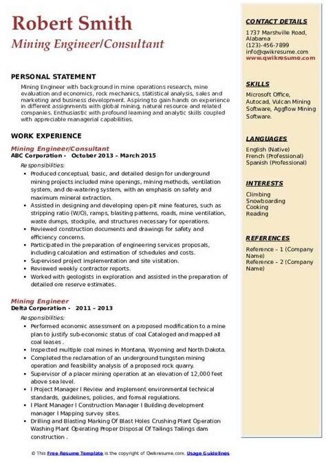 Mining Engineer Resume Samples | QwikResume