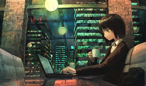 1920x1080px, 1080P Free download | : anime girls, computer, skyscraper, night, urban, reflection ...