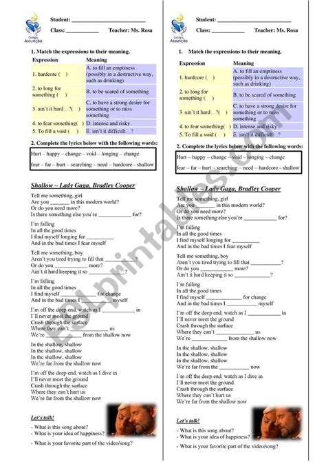 Shallow - Song - ESL worksheet by jenniferaraujor