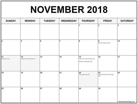 Collection of November 2018 calendars with holidays