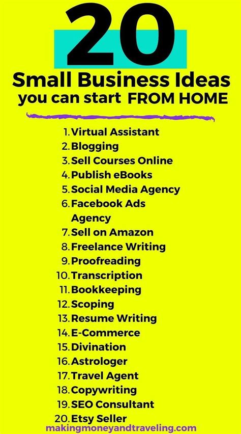 a yellow poster with the words 20 small business ideas you can start ...