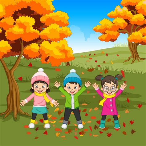 Cartoon Happy kids playing in autumn background 4993850 Vector Art at ...