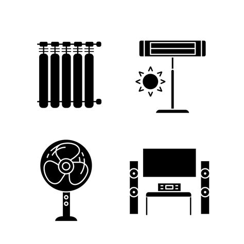 Household appliance glyph icons set. Radiators, infrared heater, stand ...