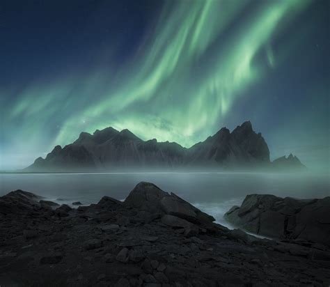 Northern Lights dancing above Vestrahorn in Iceland | Urban landscape ...