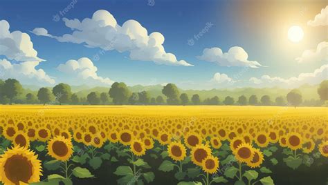 Premium Vector | Beautiful sunflower field during the day with trees detailed hand drawn ...