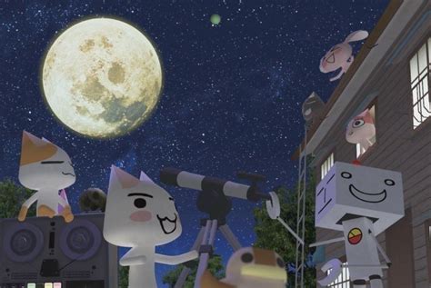 cartoon characters looking at the moon through telescopes in front of a cityscape