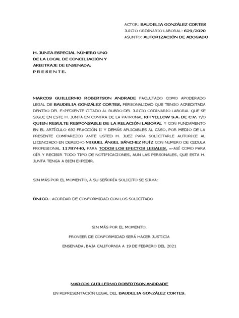 Formato de Autorizacion de Abogado - Ante Junta de Conciliacion | PDF