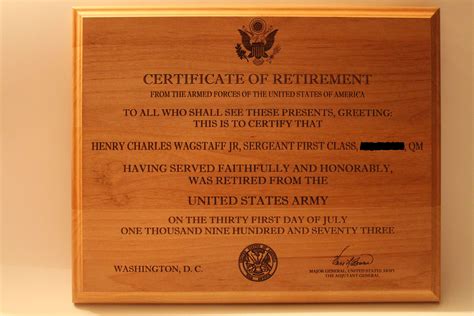 US Army Certificate of Retirement. We'll preserve any document to a lasting engraving. Diplomas ...