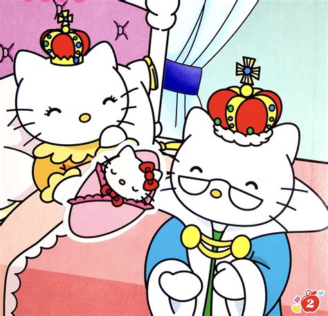 two hello kitty cartoon characters sitting on a bed with one holding an ...