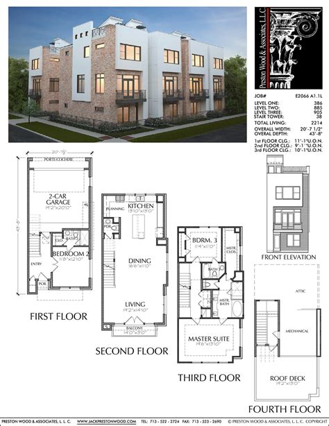 3 1/2 Story Townhouse Plan E2066 A1.1 | Town house floor plan, Narrow ...