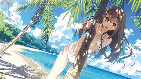 3840x2160px | free download | HD wallpaper: tree, summer, sky, girl, beach, anime art, anime ...