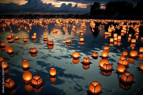 OBON FESTIVAL, JAPAN, Floating lanterns during Japan's Obon Festival Stock Illustration | Adobe ...