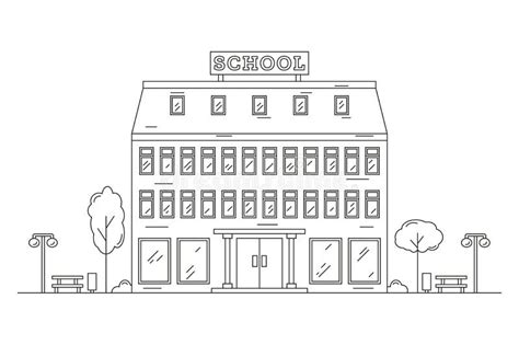 Landscape with a School Building Drawn with Contour Lines. Line Art Stock Vector - Illustration ...