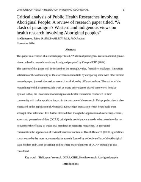 (PDF) Critical analysis of Public Health Researches involving Aboriginal People: A review of ...