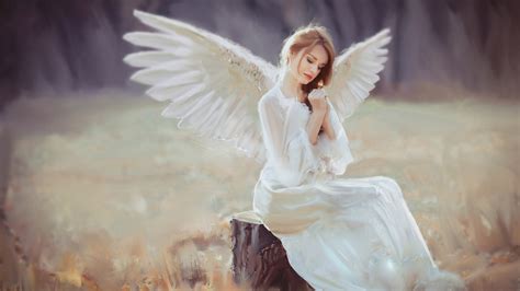 Girl Angel With Wings Is Wearing White Dress Sitting On Tree Trunk HD ...