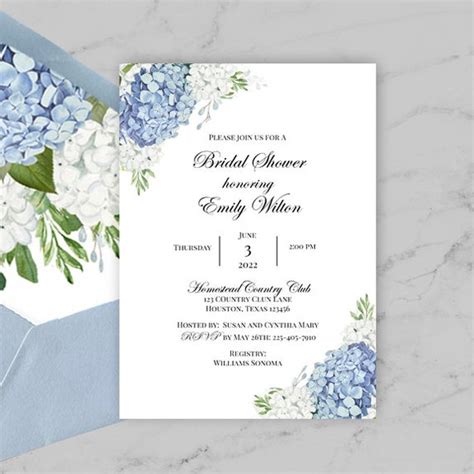 Blue Bridal Shower Luncheon Wedding Invitations Suite Engagement Party Dusty Blue Hydrangea ...