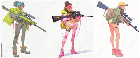 Portrait of anime girls with sniper rifle. Military character design ...