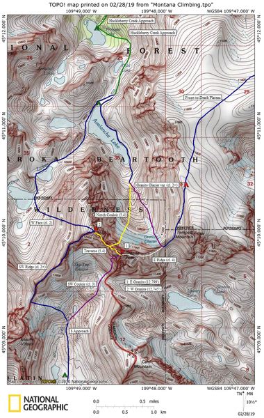 Map of the various routes on Granite Peak.