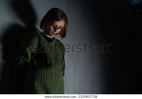 Sad Little Girl Alone Darkness Standing Stock Photo 2129837738 ...