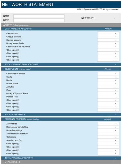 Net Worth Statement Template for Excel