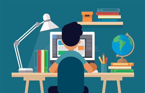 Student Sitting at the Desk, Learning with Computer. Concept Illustration in Flat Style, Online ...