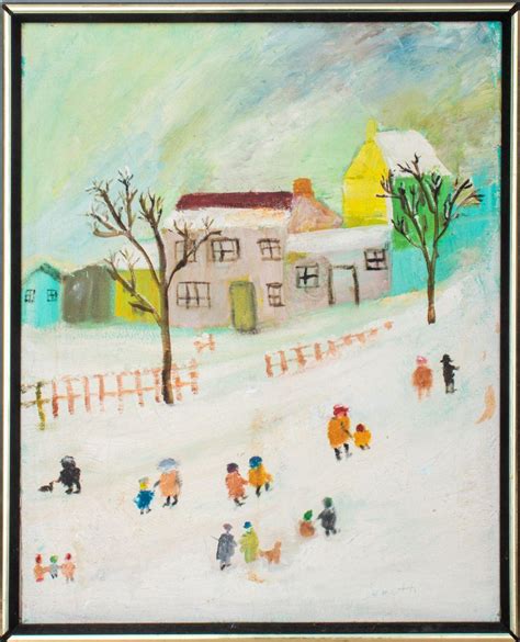 Bid Now: Signed Folk Art Winter Landscape Oil on Canvas - Invalid date EDT