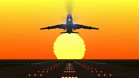 Animation of airplane departing from airport runway against sunset or sunrise Stock Video ...